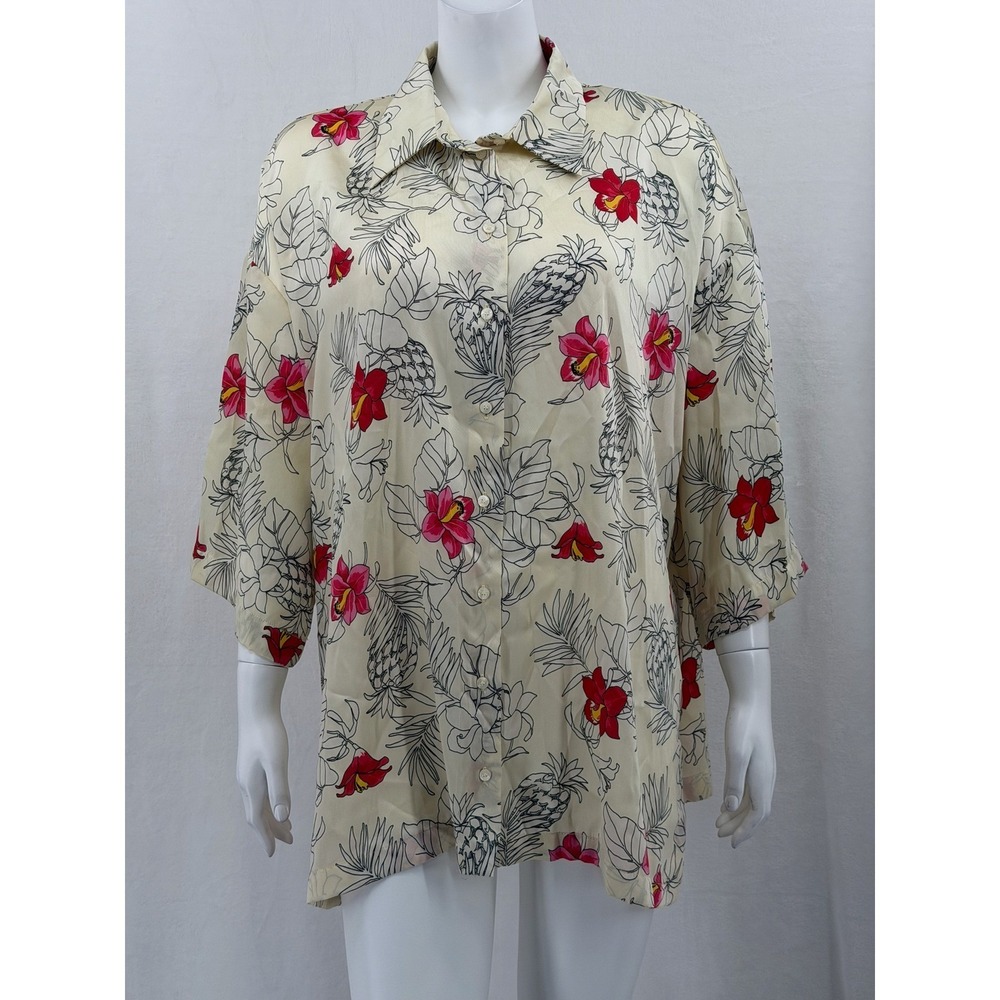 Zara Top Womens Medium Cream Tropical Pineapple Floral Boho Oversized Resort